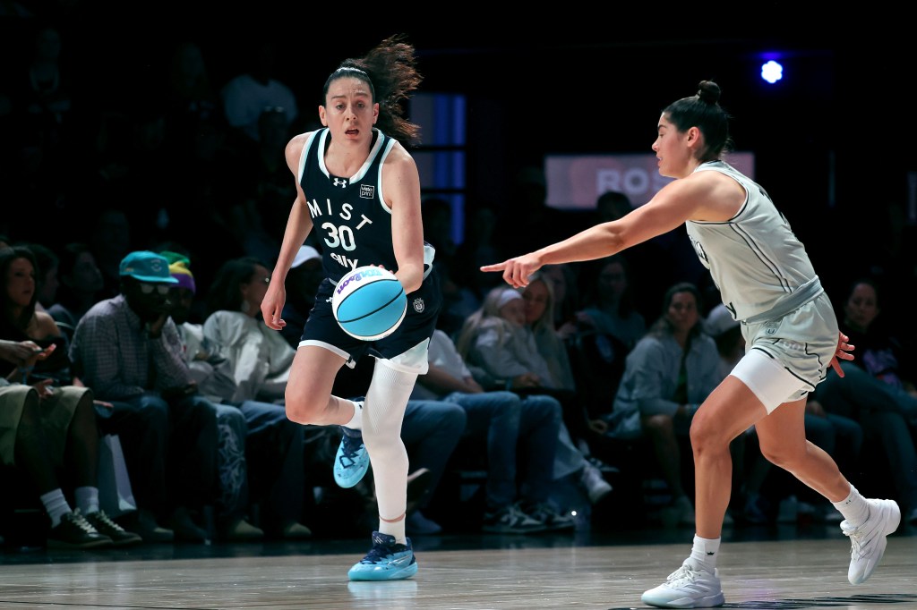Breanna Stewart of the Mist dribbles the ball against Kelsey Plum of the Phantom during the first quarter of the Unrivaled 2026 game at Sephora Arena on February 7, 2026 in Medley, Florida.
