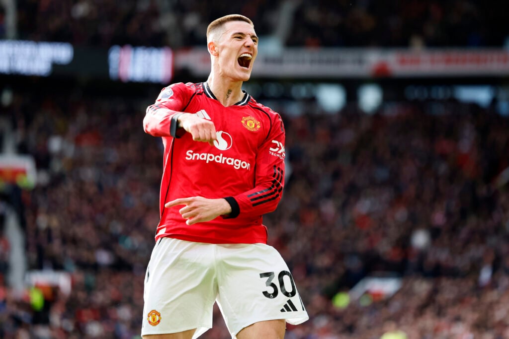 Benjamin Sesko celebrates during the Premier League match between Manchester United and Crystal Palace at Old Trafford in 2026 in Manchester, England.