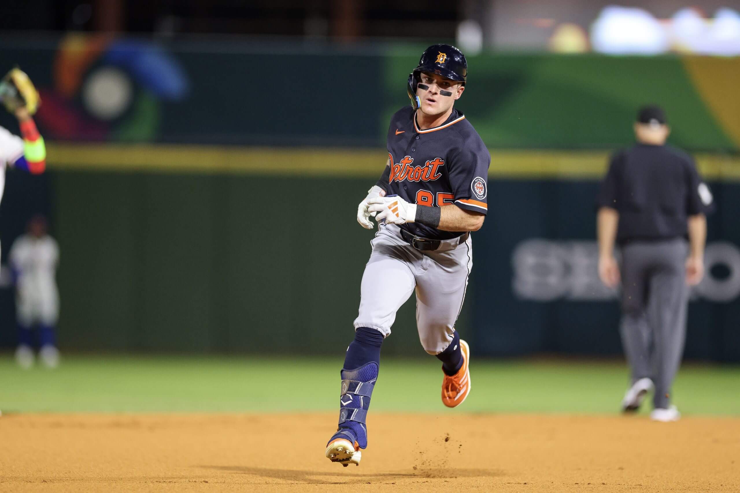 Kevin McGonigle #85 of the Detroit Tigers looks on during an exhibition game against the Dominican Republic at Estadio Quisqueya on March 03, 2026 in Santo Domingo, Dominican Republic. 