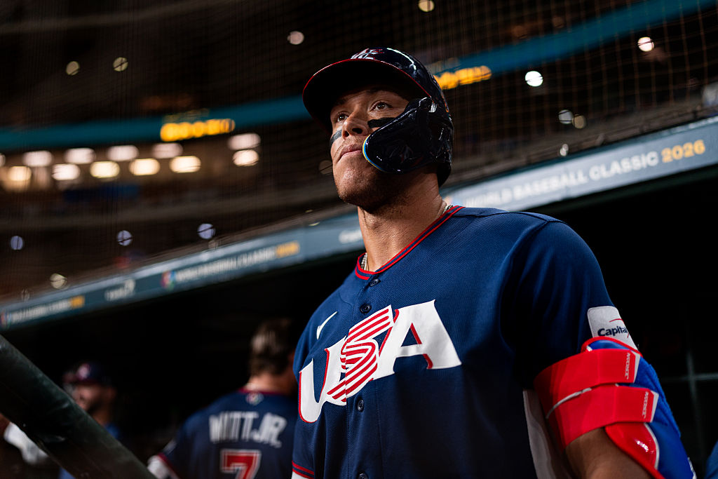 HOUSTON, TEXAS - MARCH 06: Aaron Judge #99 of Team United States looks on before a game against Team Brazil during the 2026 World Baseball Classic at Daikin Park on March 06, 2026 in Houston, Texas. (Photo by Houston Astros/Getty Images)