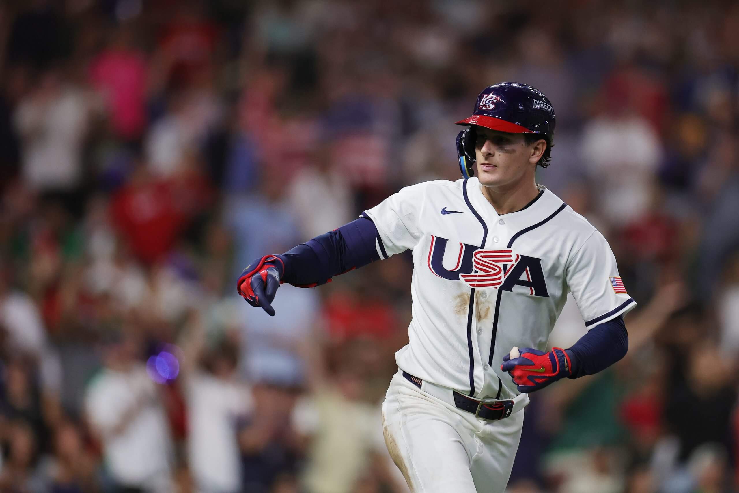 Roman Anthony #3 of Team United States reacts after a three run home run in the third inning against Team Mexico during a 2026 World Baseball Classic Pool B game at Daikin Park on March 09, 2026 in Houston, Texas. 