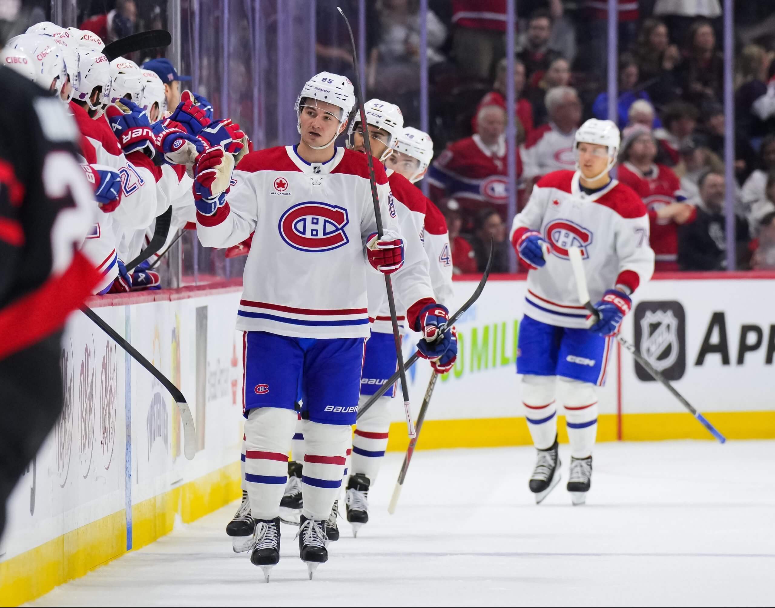 Montreal's Alexandre Texier celebrates a goal with his teammates.