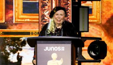 Joni Mitchell accepts the Lifetime Achievement award onstage during the 2026 JUNO Awards.