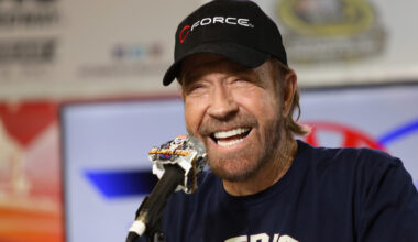 Actor Chuck Norris speaks with the media during a press conference prior to the NASCAR Sprint Cup S...