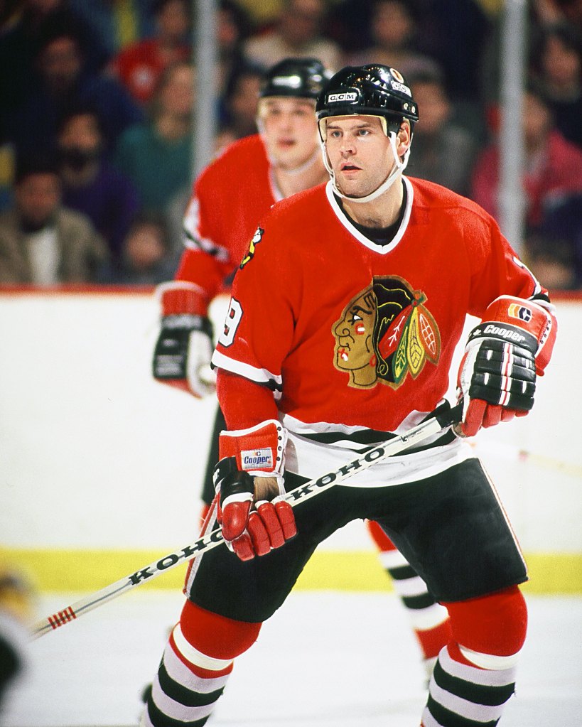 Troy Murray #19 of the Chicago Black Hawks skates against the Boston Bruins at the Boston Garden in Boston.