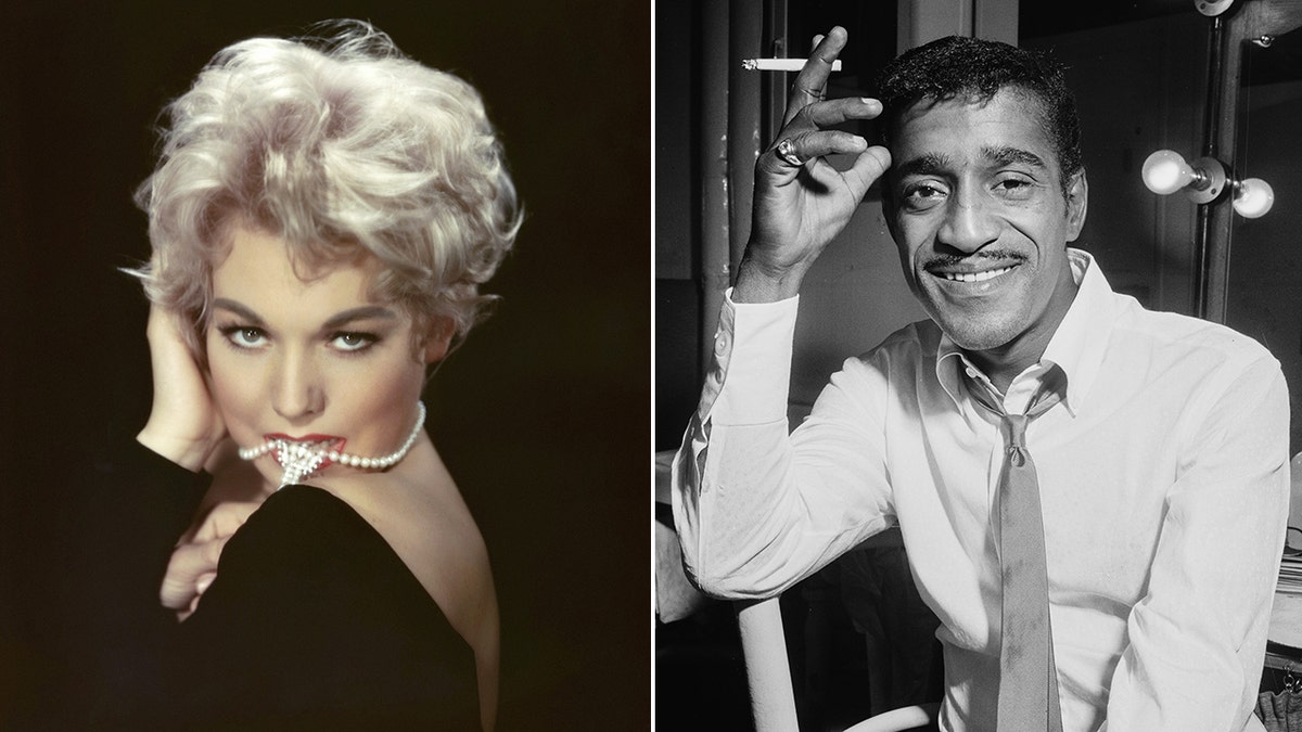 A split side-by-side image of Kim Novak and Sammy Davis Jr.