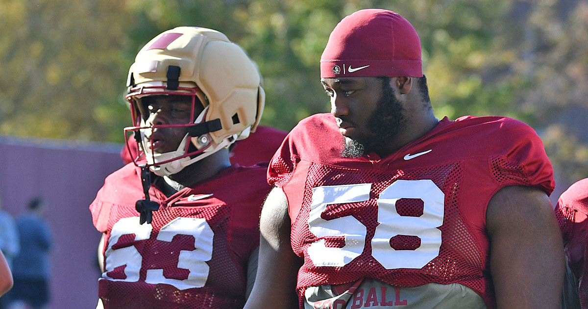 Florida State freshman offensive linemen Jakobe Green (63) and Luke Francis (58). (Gene Williams/Warchant)