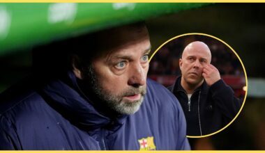 Hansi Flick looks on as Arne Slot scratches his face.