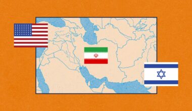 Illustration of a map of the middle east overlayed with the flags of the United States, Iran and Israel