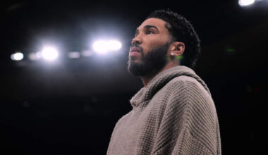 Boston Celtics forward Jayson Tatum stands next to bench during the first half of an NBA basketball game, Wednesday, March 4, 2026, in Boston. (Charles Krupa/AP)