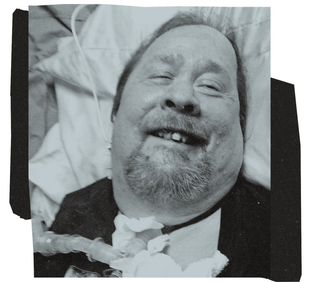 Black and white close-up of a man lying back on a pillow and smiling toward the camera. Medical tubing is visible at his neck. The image is layered over a light background with a dark textured shape behind it.