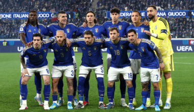 BERGAMO, ITALY - MARCH 26: Players of Italy pose for a team photograph prior to the FIFA World Cup 2026 European Qualifiers KO play-offs match between Italy and Northern Ireland at Stadio di Bergamo on March 26, 2026 in Bergamo, Italy. (Photo by Marco Luzzani/Getty Images)