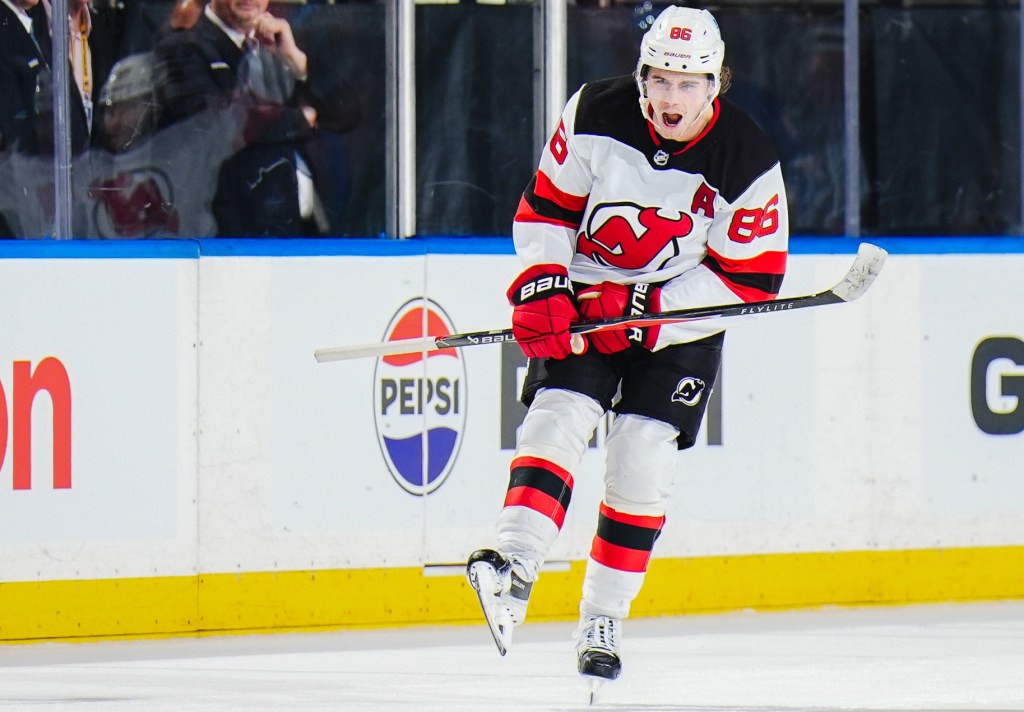 Jack Hughes celebrates after scoring a third period goal in the Devils' 6-3 win over the Rangers on March 18, 2026 at the Garden.