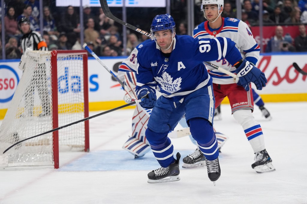 John Tavares, who scored the game-winning goal in the third period, skates for the puck during the first period of the Rangers' 4-3 loss to the Maple Leafs on March 25, 2026 in Toronto.