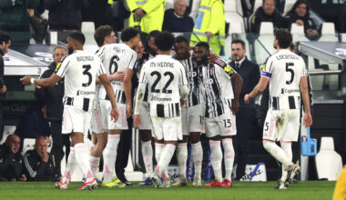 TURIN, ITALY - MARCH 07: Khephren Thuram of Juventus celebrates his goal with his team-mates and Luciano Spalletti Head coach of Juventus during the Serie A match between Juventus FC and Pisa SC at Juventus Stadium on March 07, 2026 in Turin, Italy. (Photo by Giuseppe Cottini/Getty Images)