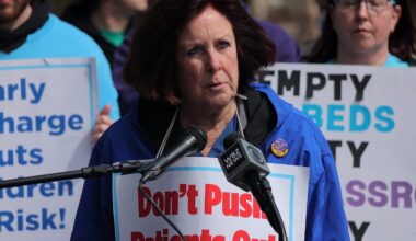 Katie Murphy, president of the Massachusetts Nursing Association, spoke at the rally outside Pappas Rehabilitation Hospital for Children on Wednesday.