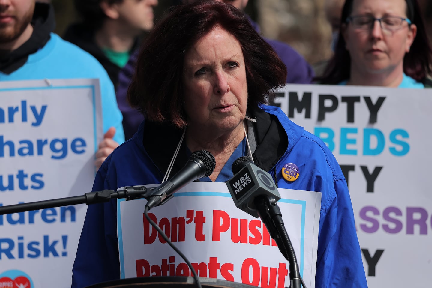 Katie Murphy, president of the Massachusetts Nursing Association, spoke at the rally outside Pappas Rehabilitation Hospital for Children on Wednesday.