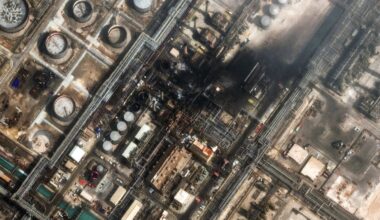 A view of the damage from Iran's drone attack Monday on the Ras Tanura oil refinery in Saudi Arabia.