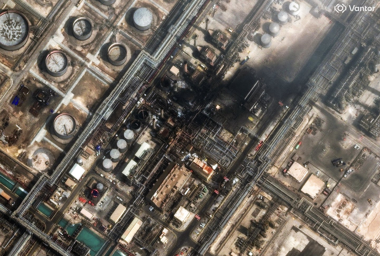 A view of the damage from Iran's drone attack Monday on the Ras Tanura oil refinery in Saudi Arabia.
