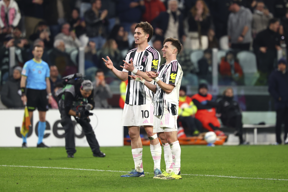 TURIN, ITALY - MARCH 07: Kenan Yildiz (L) of Juventus celebrates with Francisco Conceicao (R) after scoring the his team's third goal during the Serie A match between Juventus FC and Pisa SC at Juventus Stadium on March 07, 2026 in Turin, Italy. (Photo by Giuseppe Cottini/Getty Images)