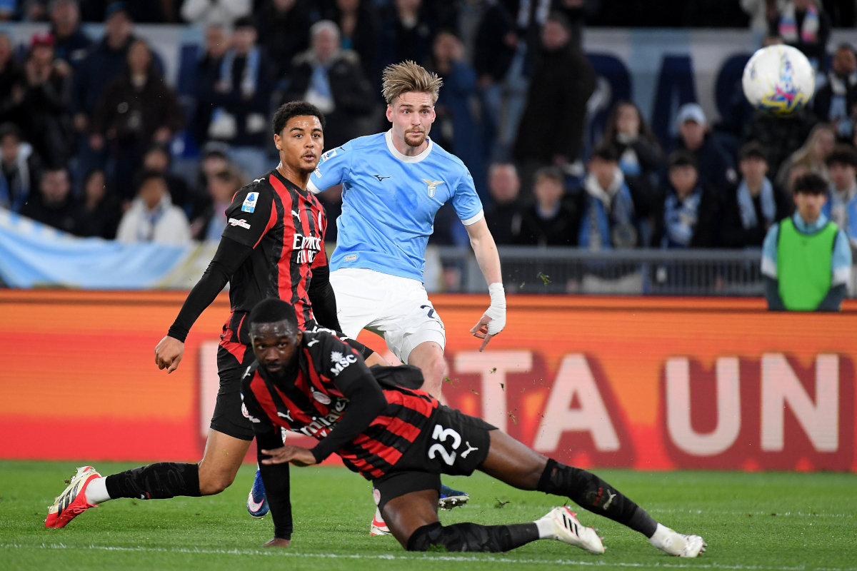 ROME, ITALY - MARCH 15: Kenneth Taylor of SS Lazio kicks the ball during the Serie A match between SS Lazio and AC Milan at Stadio Olimpico on March 15, 2026 in Rome, Italy. (Photo by Marco Rosi - SS Lazio/Getty Images)