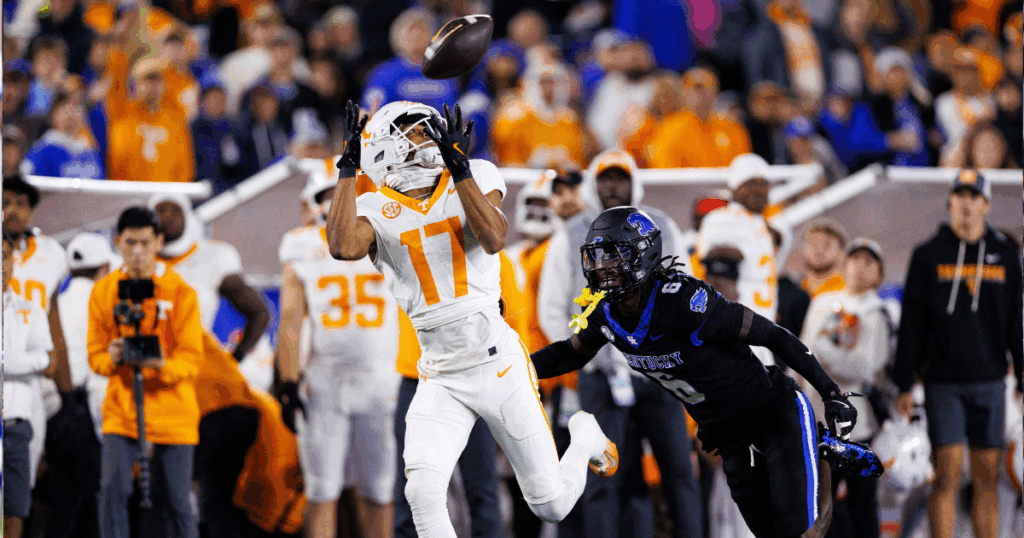 Oct 25, 2025; Lexington, Kentucky, USA; Tennessee Volunteers wide receiver Chris Brazzell II (17) catches a pass during the third quarter against the Kentucky Wildcats at Kroger Field. Mandatory Credit: Jordan Prather-Imagn Images