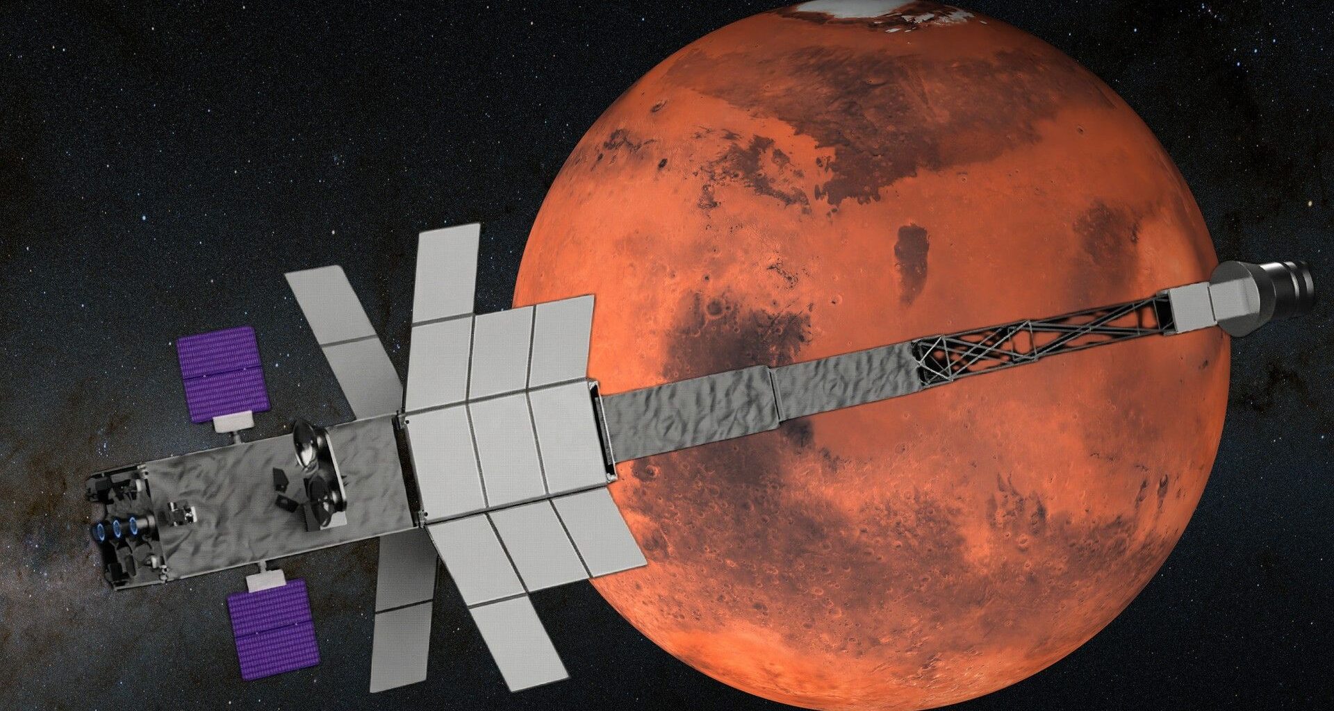 a long rectangular spaceship in front of reddish orange planet