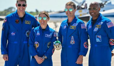 (L-R) Canadian Space Agency astronaut Mission Specialist Jeremy Hansen, NASA astronaut and Artemis II Mission Specialist Christina Koch, NASA astronaut and Artemis II Commander Reid Wiseman and NASA astronaut and Artemis II pilot Victor Glover look on during a welcome ceremony ahead of the Artemis II April 1 launch at Kennedy Space Center in Florida on March 27, 2026.