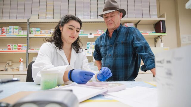 Sarah De Santos, an undergraduate research assistant, and Michael Skinner work together in the laboratory.
