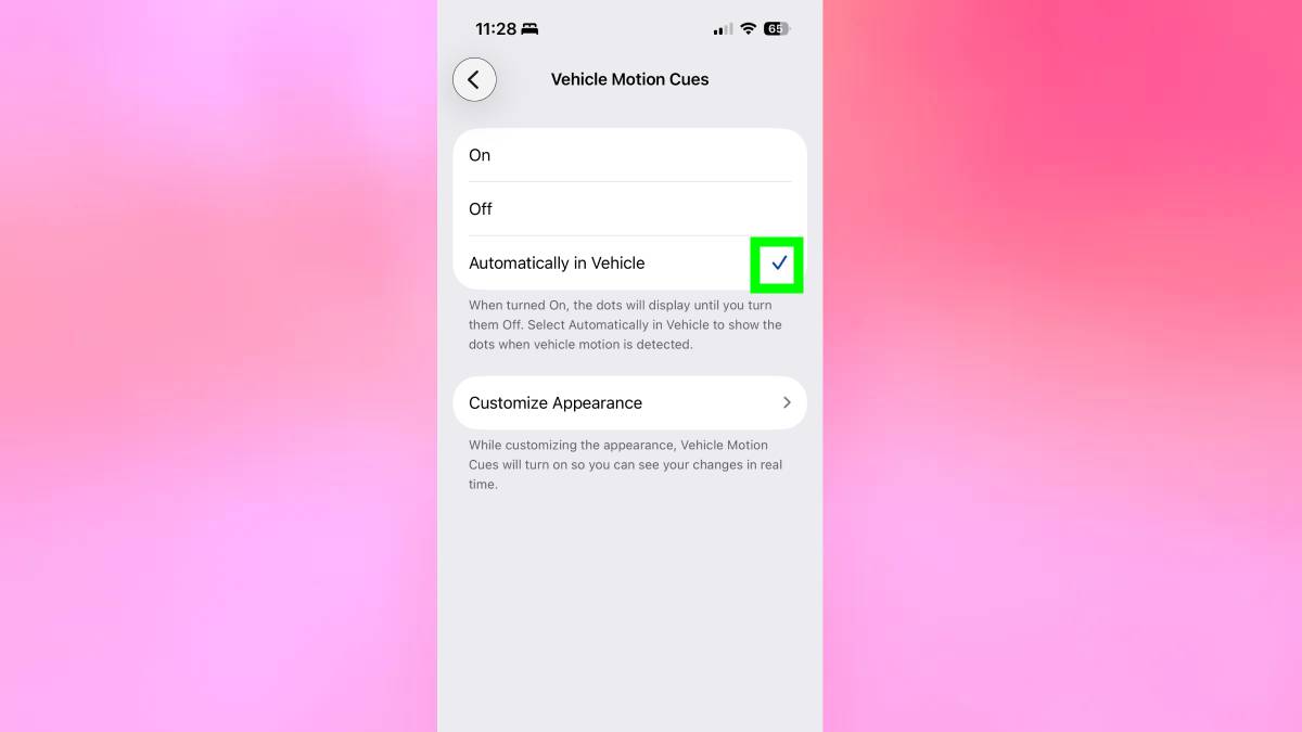 How to turn on Vehicle Motion cues on iPhone