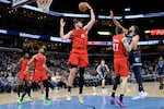 Portland Trail Blazers center Donovan Clingan (23) grabs a rebound in the first half of an NBA basketball game against the Memphis Grizzlies Wednesday, March 4, 2026, in Memphis, Tenn.