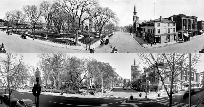 Two panoramic black-and-white photos show the same city square decades apart, with a park in the center, surrounding streets, historic buildings, trees, and people visible in both images; the top scene appears much older.