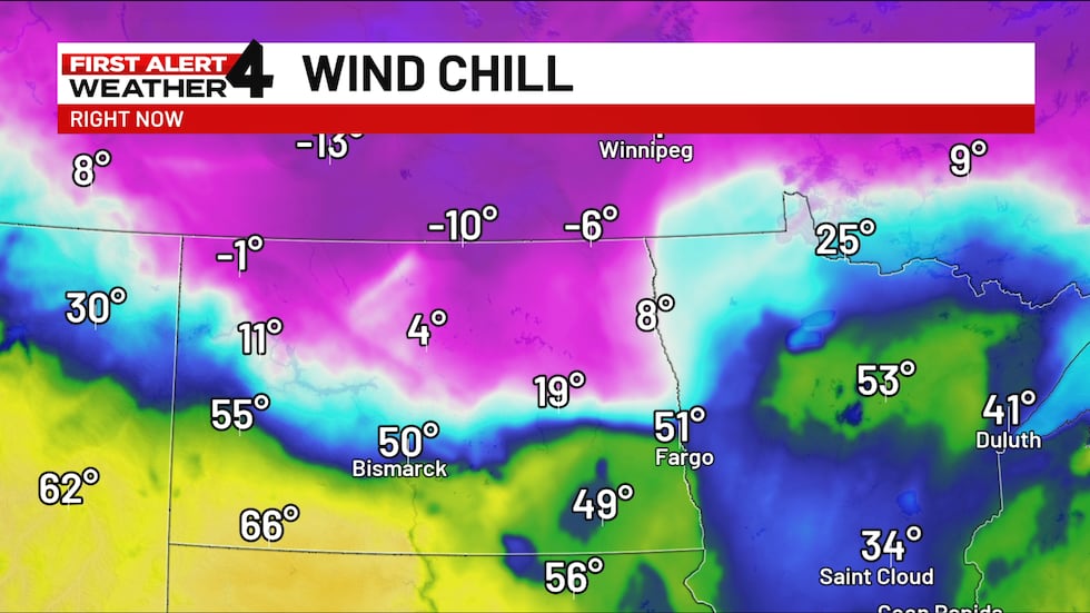 Wednesday's wind chill over North Dakota
