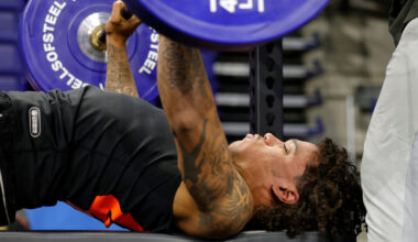 Arizona State wide receiver Jordyn Tyson (40) participates in the bench press drill at the NFL foot...
