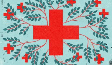 A large red medical cross with branching vines and leaves extending outward to smaller red crosses on a blue background.