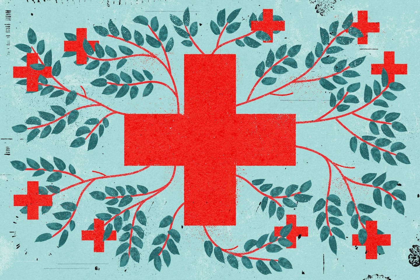 A large red medical cross with branching vines and leaves extending outward to smaller red crosses on a blue background.