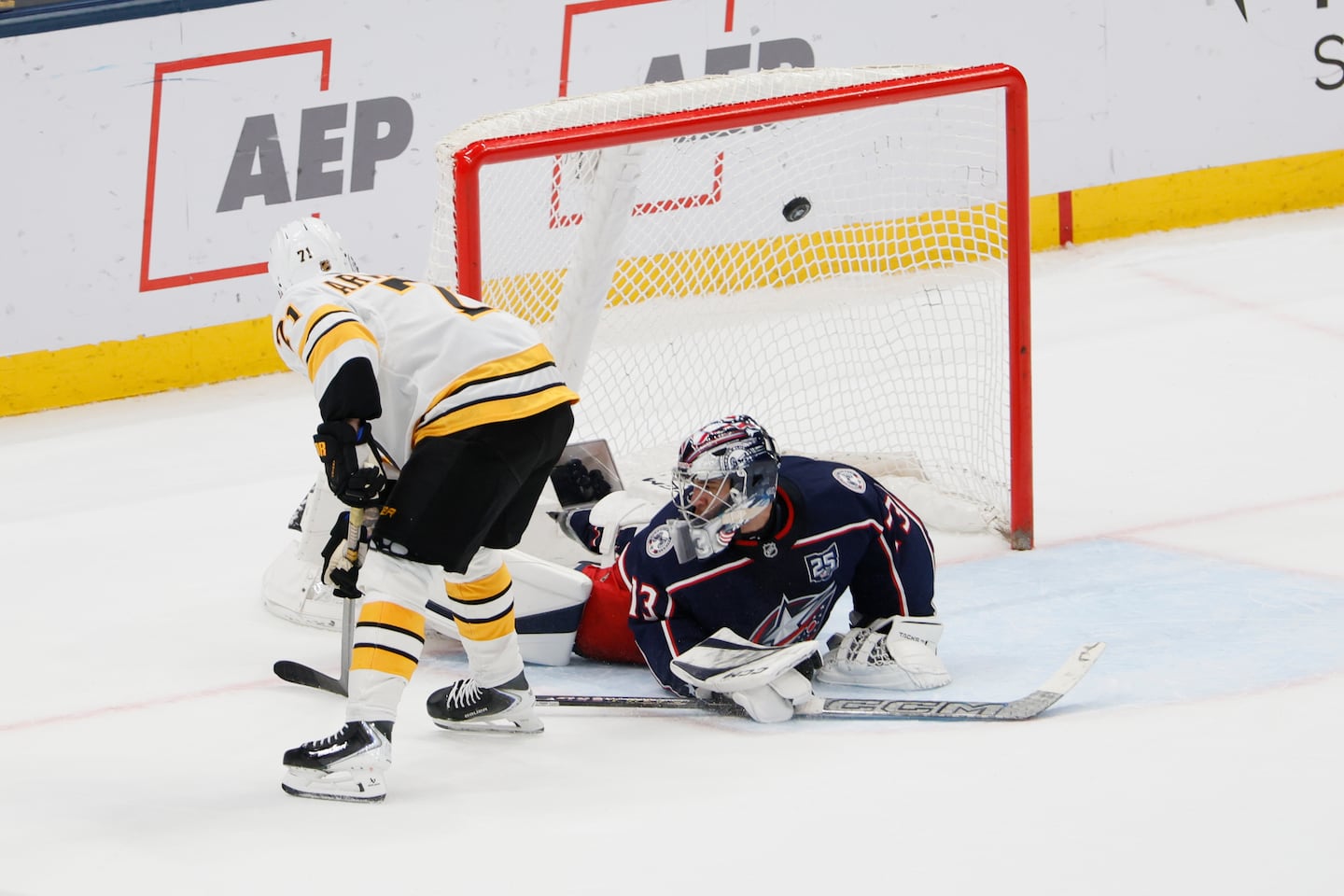 Viktor Arvidsson buries his shootout winner over Blue Jackets goalie Jet Greaves with a slick backhander to complete the Bruins' stunning comeback from three goals down Sunday in Columbus, Ohio.