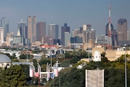 A view of the Dallas skyline and Fair Park from the Cotton Bowl’s upper west concourse on...