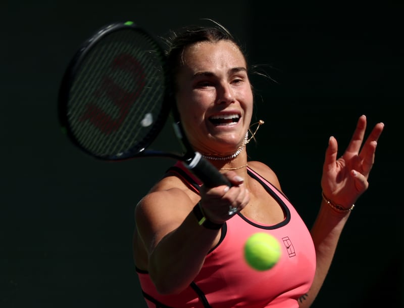 Aryna Sabalenka won Jaqueline Cristian 6-4 and 6-1 during Day 5 of the BNP Paribas Open at Indian Wells Tennis Garden on March 08, 2026 in California.  (Photo by Harry How/Getty Images)