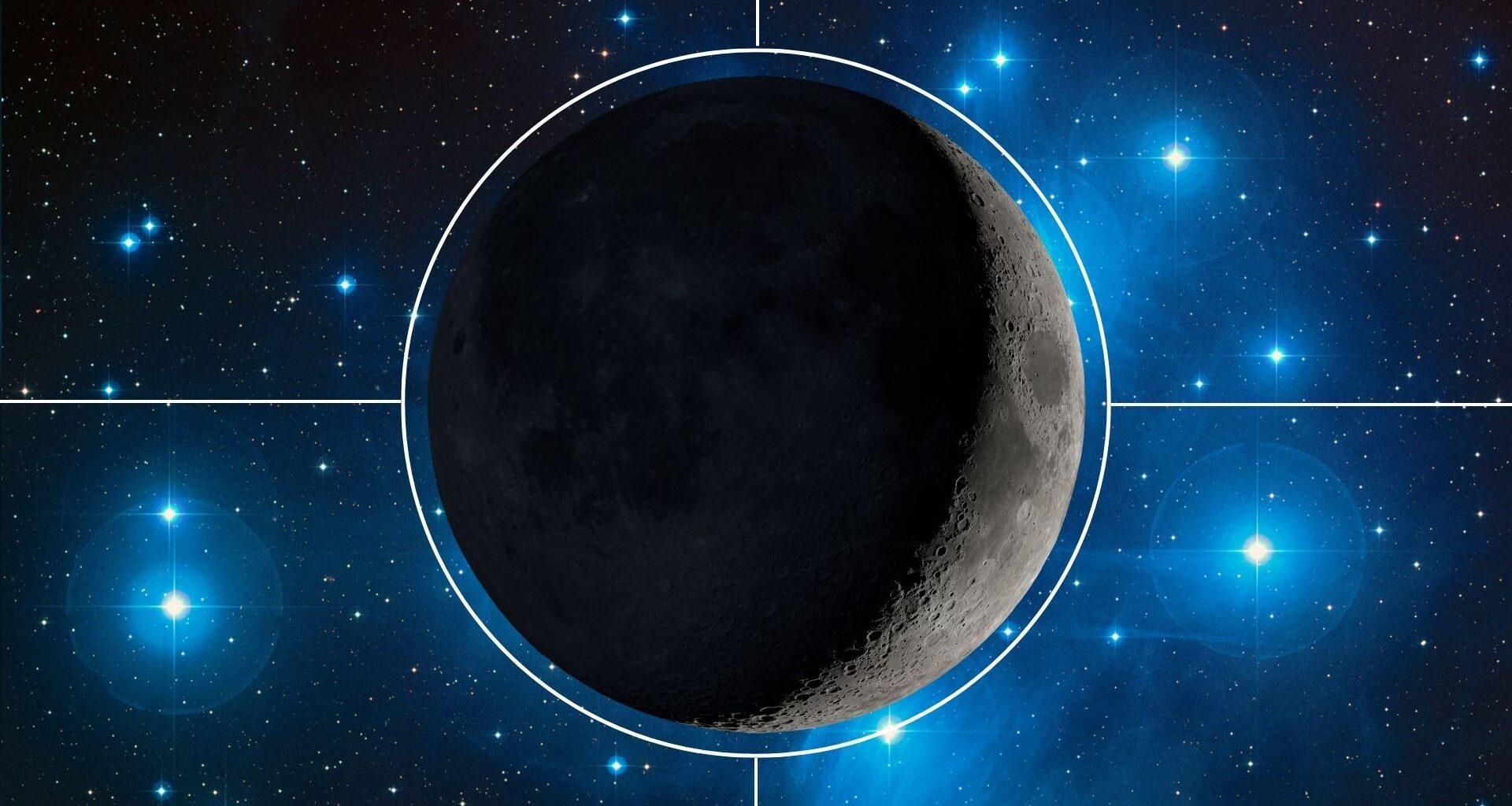A graphic of a waxing crescent moon is shown surrounded by a white circle with four lines emanating outward at right angles. Blue-white stars are visible in the background.