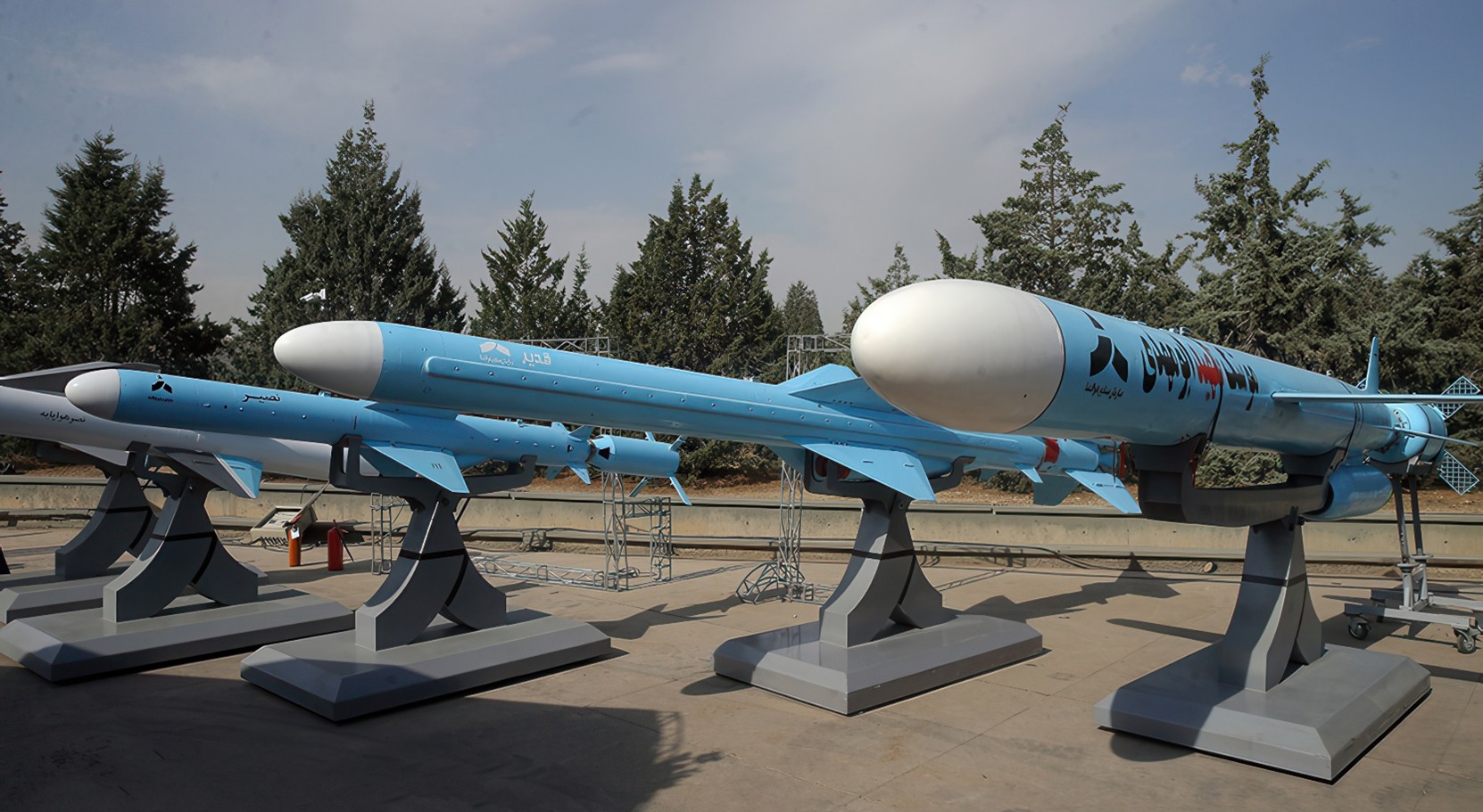 The diverse range of anti-ship cruise missiles in service with the Iranian armed forces. From back to front: Nasr, Nasir, Qadir and Abu Mahdi. [Mizan News Agency]
