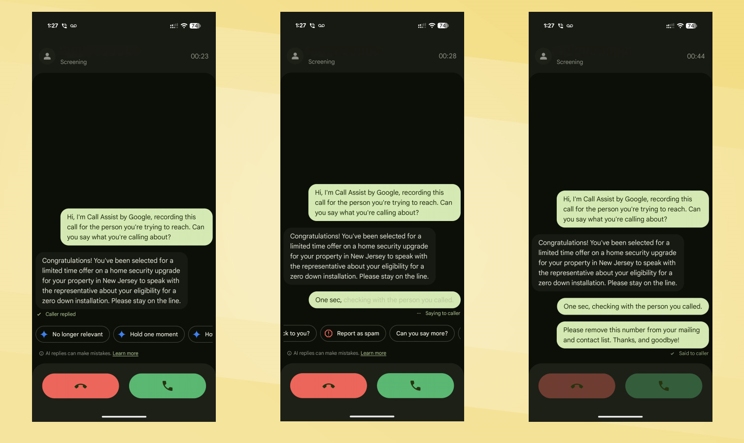 Galaxy S26 Ultra vs Pixel 10 Pro XL Call Screen screenshots.