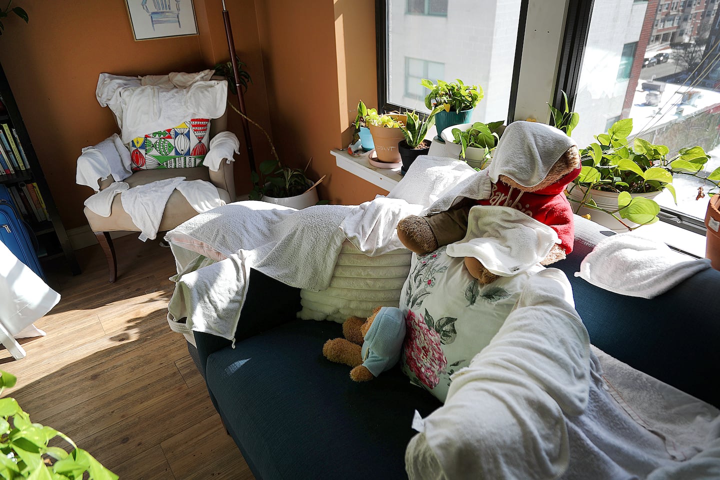 Towels and laundry lines furniture to dry in Pea's apartment left there by her personal care attendants on Feb. 13.