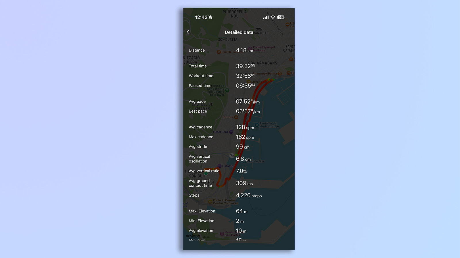 a screenshot from the zepp app with amazfit active 3 premium showing running analysis