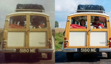 Side-by-side photos of a yellow and white vintage car with the license plate 5180 ME; the left image is old and faded, while the right is recent, showing two smiling people inside.