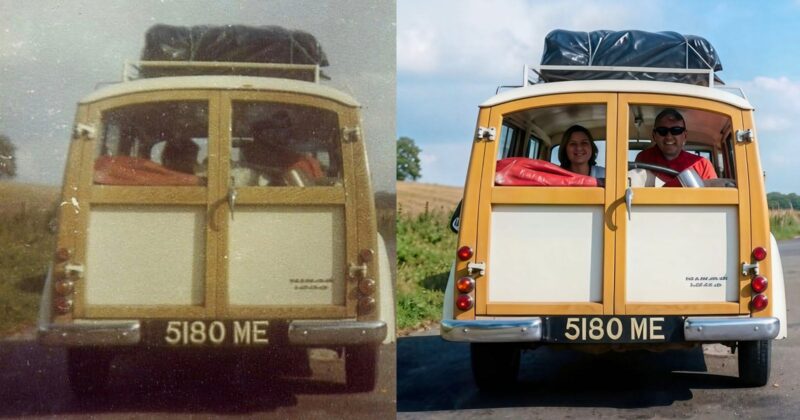Side-by-side photos of a yellow and white vintage car with the license plate 5180 ME; the left image is old and faded, while the right is recent, showing two smiling people inside.