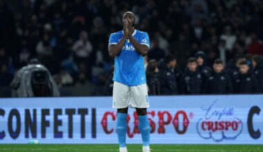 NAPLES, ITALY - FEBRUARY 10: Romelu Lukaku of SSC Napoli reacts after missing a penalty in the penalty shootout during the Coppa Italia match between SSC Napoli and Como 1907 at Stadio Diego Armando Maradona on February 10, 2026 in Naples, Italy. (Photo by Francesco Pecoraro/Getty Images)