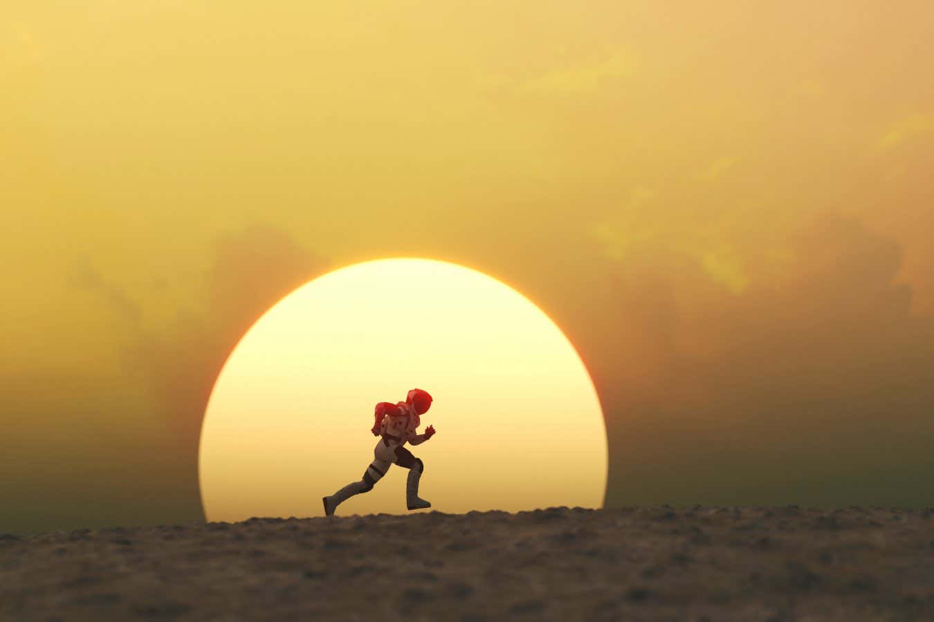 Astronaut running during sunset at a remote planet