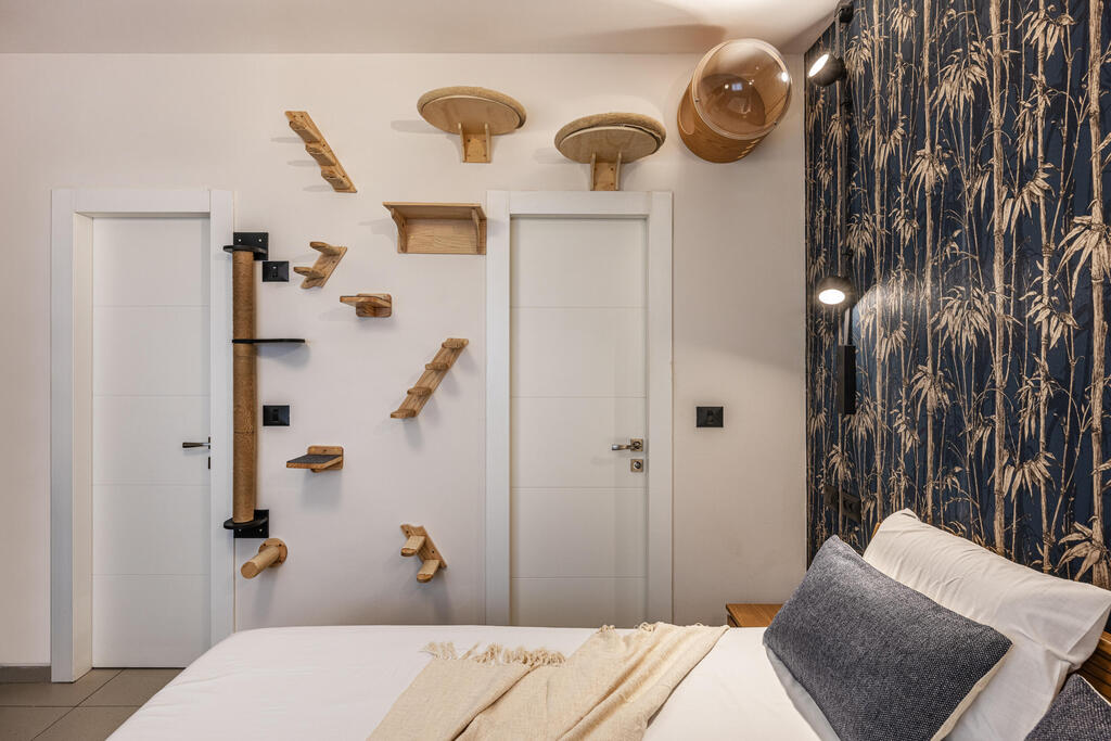 The bedroom after the redesign, including features for the cats (Photo: Yonatan Tamir) דירה לשוטר רווק, עיצוב: דותן ויסמין כהן