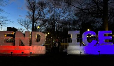 The "END ICE" sculpture as seen on the Common before a vandal knocked it over.